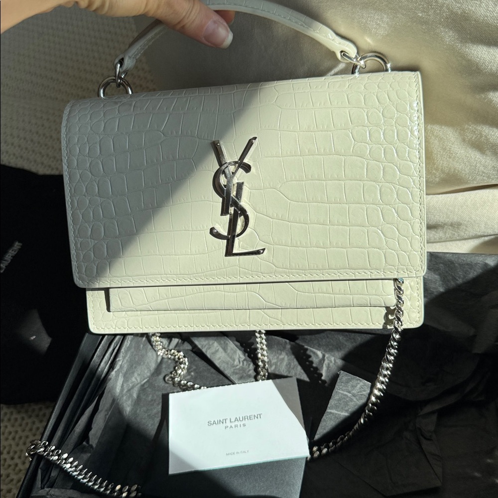 SAINT LAURENT SUNSET MINI white CROC crossbody/shoulder bag